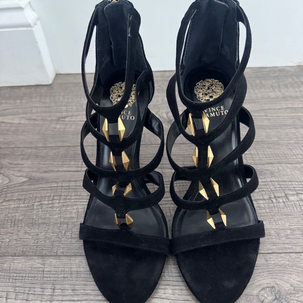 Vince Camuto Black Suede Studded Gladiator Stiletto Heels Size 9M Gold Hardware